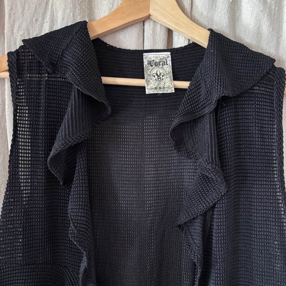 Black whimsigoth long open front ruffle‎ sleeveless cardigan - Picture 2 of 6
